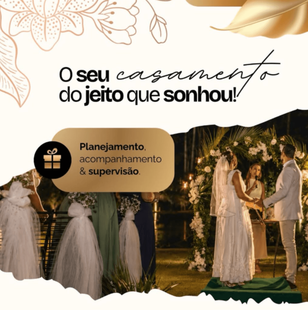 Cerimônia de casamento ao ar livre à noite, com arco de flores brancas e os noivos de mãos dadas — O seu casamento do jeito que sonhou